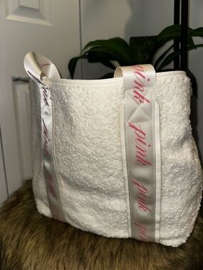 PINK Victoria's Secret Cream Sherpa Tote with Pink Branded Straps